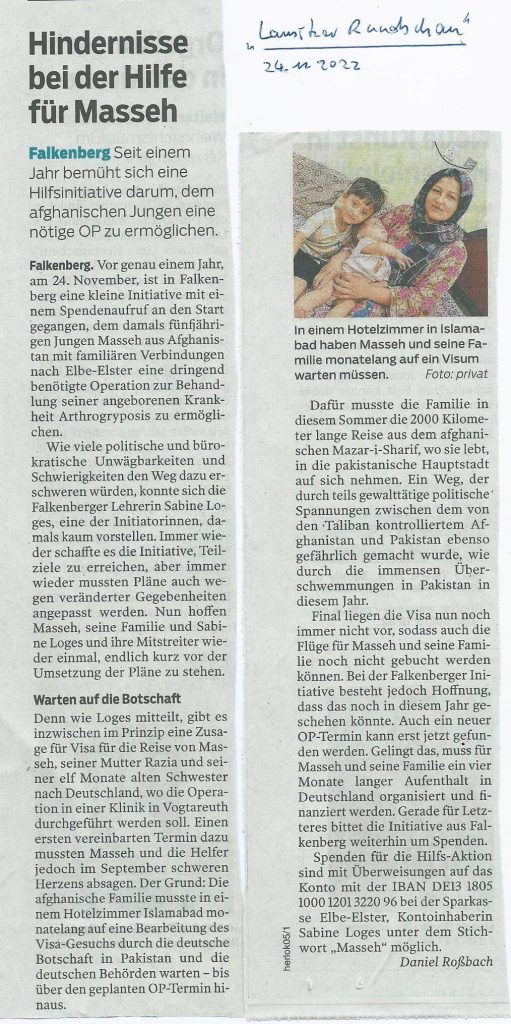 Foto Zeitungsartikel in der Lausitzer Rundschau, 24.11.2022